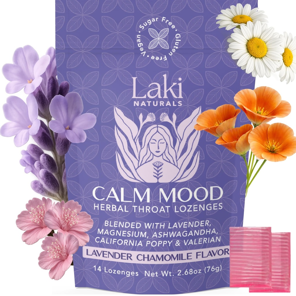 Laki Naturals Lavender Chamomile Calm Mood Fonksiyonel Herbal Lozenges (14ct) Throat & Calming Hard Candies, Ashwagandha, California Poppy & Valerian. Vegan, Sugar Free, Gluten Free