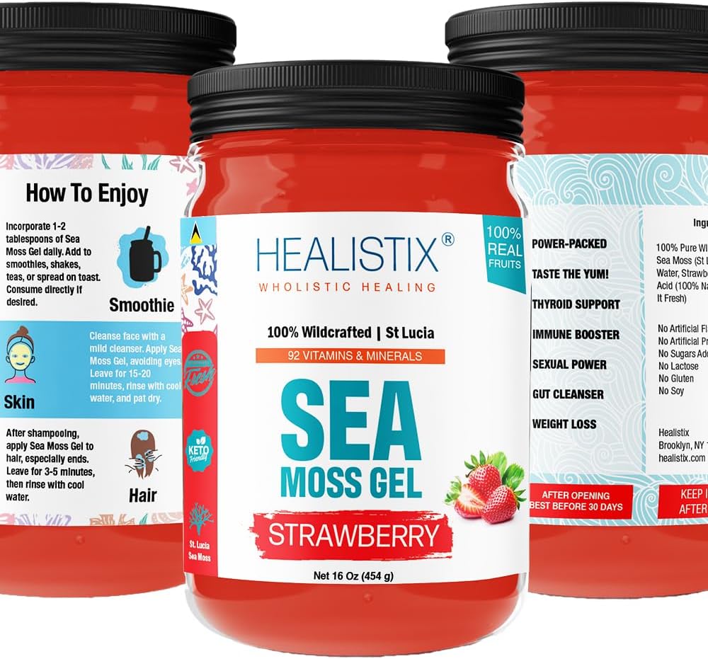 Healistix Strawberry Irish Sea Moss Gel (20 Flavors) - Wildcrafted Seamoss Gel, 92 Vitaminle Paketlendi - Immune Desteği için Superfood, Non-GMO, Keto, Vegan, Vegan