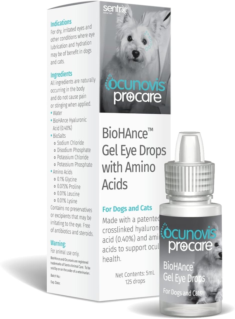 Sentrx - Ocunovis ProCare Gel Eye Köpekler ve Kediler için damlalar, Hydrating Cat and Dog Eye Drops with Hyaluronic Acid, Lysine, and Amino Acids, Preservative-Free and Antibiyotik-Free, 5 ml