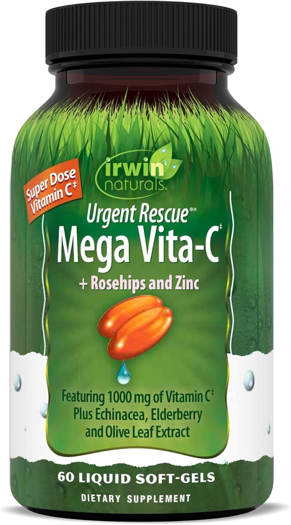Irwin Naturals Επείγουσα Διάσωση Mega Vita-C - 60 Liquid Softgels - 1.000 mg Βιταμίνης C - Ανοσοποιητικό συμπλήρωμα υποστήριξης με Rosehips και ψευδάργυρο