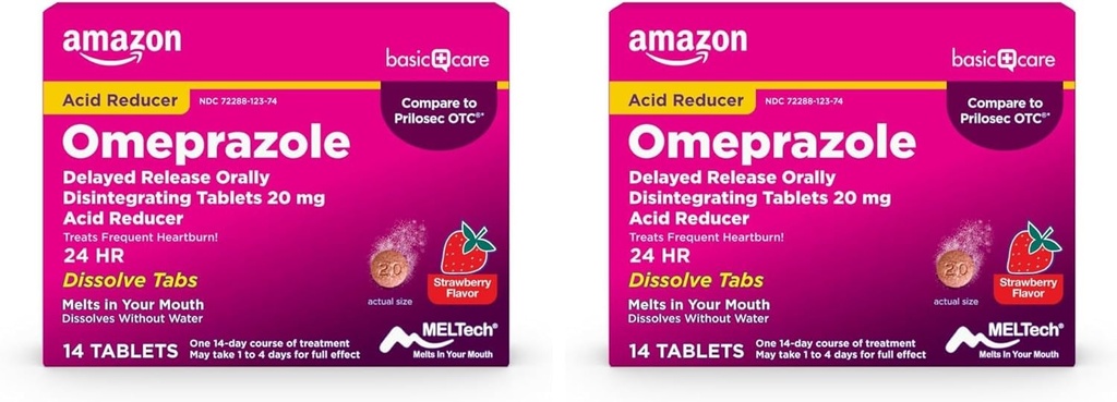 Temel Bakım Omeprazole Gecikmiş Yayın Orally Disintegrating Tabletleri, 20 mg, Asit Tespiti, Strawberry Flavor, 14 Kont (Pack of 2)