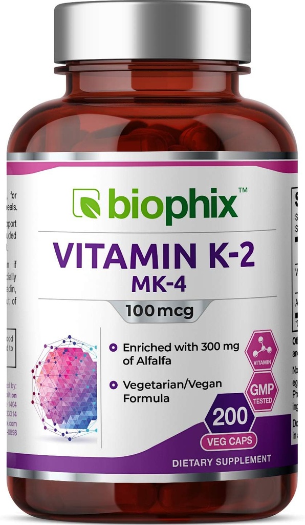biophix Βιταμίνη K2 MK-4-100 mcg 200 Caps με Alfalfa - Υποστηρίζει Ισχυρά Οστά Ανοσοποιητική Υγεία