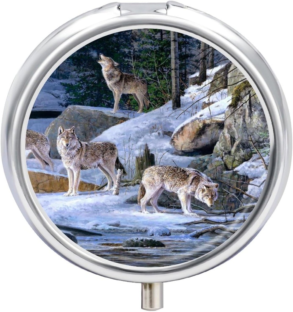 Küçük Seyahat Pill Case, Round Metal Pill Box for Pocket Purse, 3 Karşılaştırmalı Portreatif Pill Sahibi, Seyahat veya Günlük için Mini Pill Organizer - Wolf