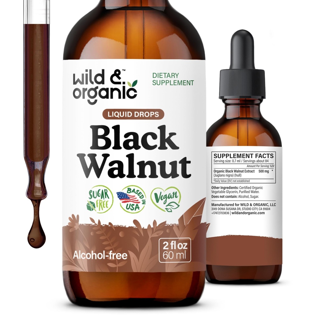 Wild & Organic Black Walnut Tincture - Black Walnut Hull Extract - Herbal Supplement for Gut Detox Cleanse and Digestive Well-Being - Vegan, Sugar & Alkol-Free - 2 f ozz