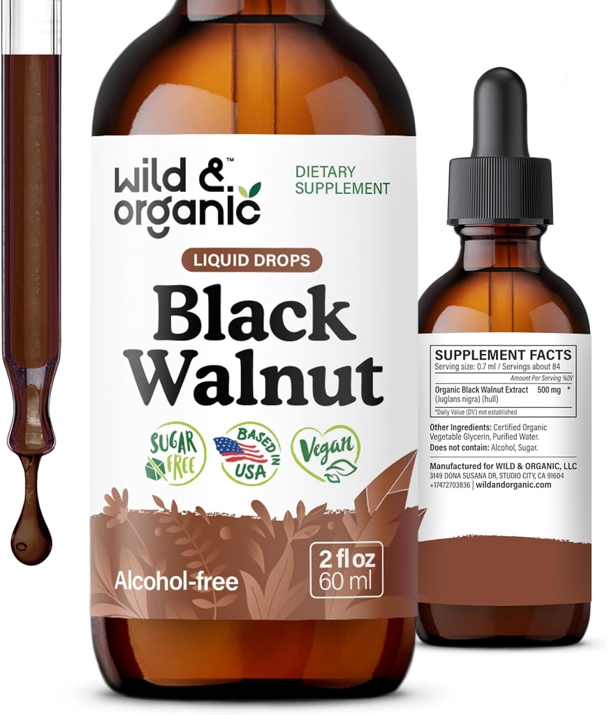 Wild & Organic Black Walnut Tincture - Black Walnut Hull Extract - Herbal Supplement for Gut Detox Cleanse and Digestive Well-Being - Vegan, Sugar & Alkol-Free - 2 f ozz
