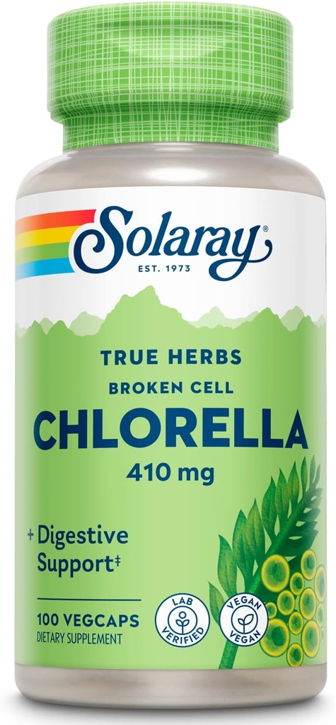 SOLARAY Kırık Hücre Klorella 410 mg | Nutrient-Rich Superfood w/Doly Occurring Protein, Vitaminler, Mineraller, Chlorophyll | Non-GMO | 100 VegCaps