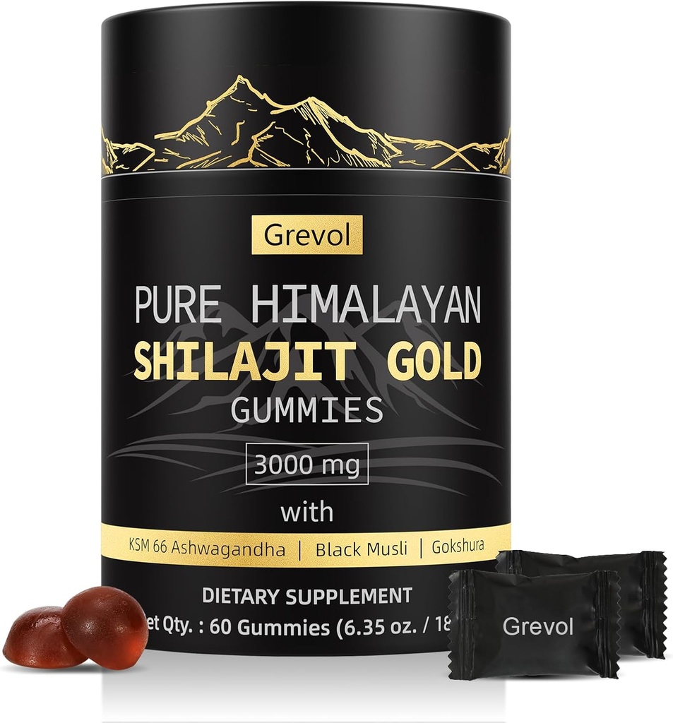 Himalaya Shilajit Gummies: Gold Grade Shilajit Ashwagandha Fulvic Acid & 85+ Trace Minerals - NoEDIT Sugar - Bireysel olarak yuvarlandı - Erkekler ve Kadınlar için - 60 Gummy