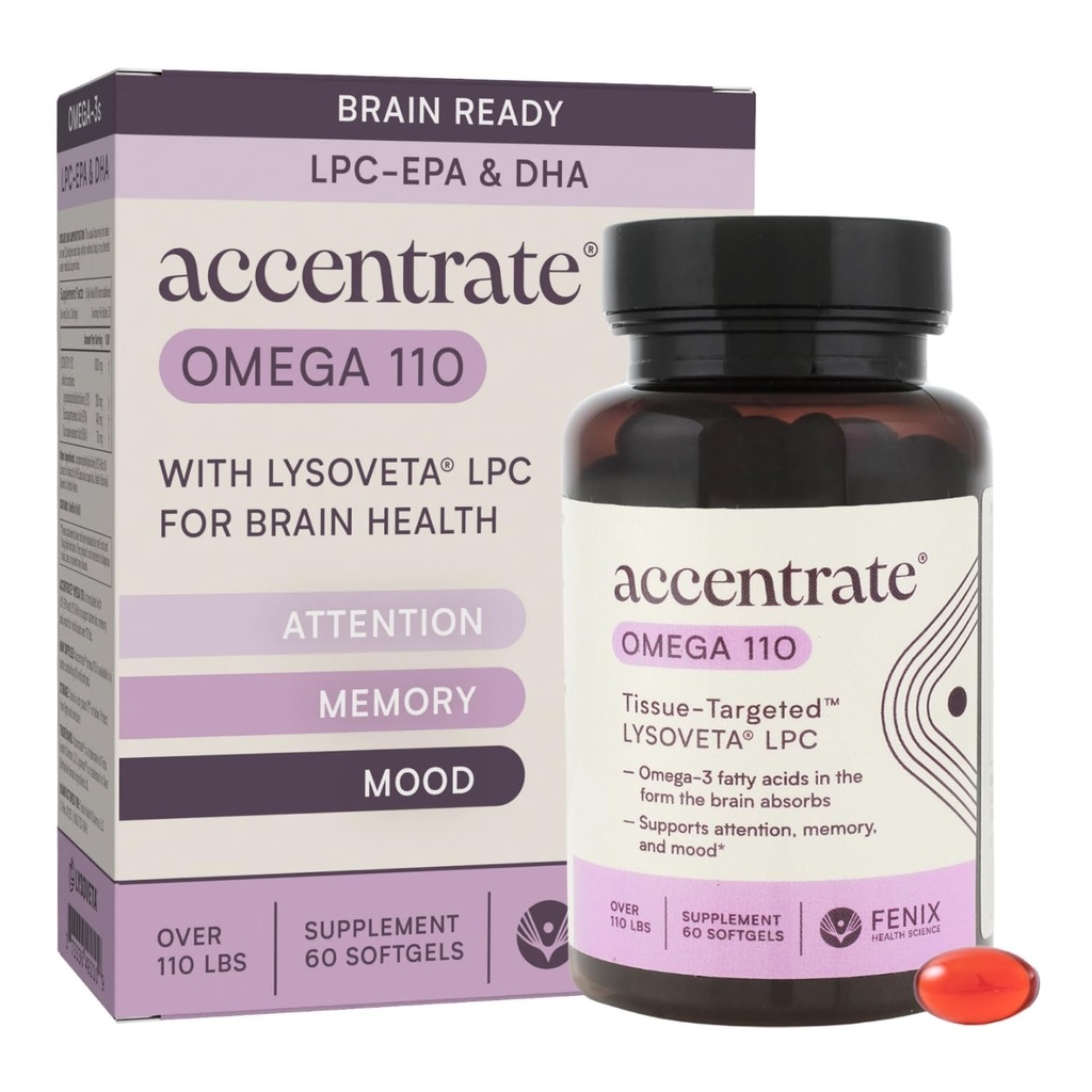Omega 110 w/LYSOVETA LPC | EPA & DHA Supplements for Brain & Retina Sağlık | Odak, Dikkat, Hafıza, Mood & Vizyon | 6X Yüksek Sıcaklıklı Omega-3 L-PCHA