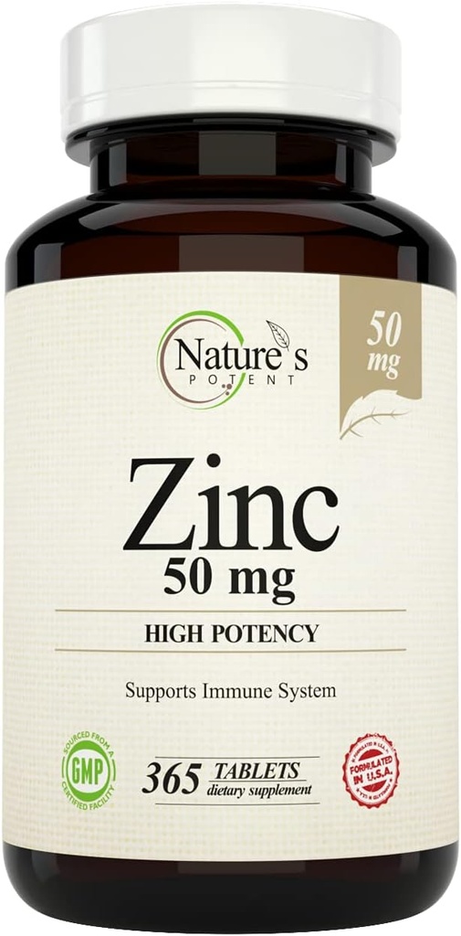 Nature's Potent Çinko 50 mg, Immune Support Supplement - High Potency for Maximum Immune & Antioksi Health - Made in USA from Natural çinko Oksit - 365 Tabletler (1 Yıl Supply)