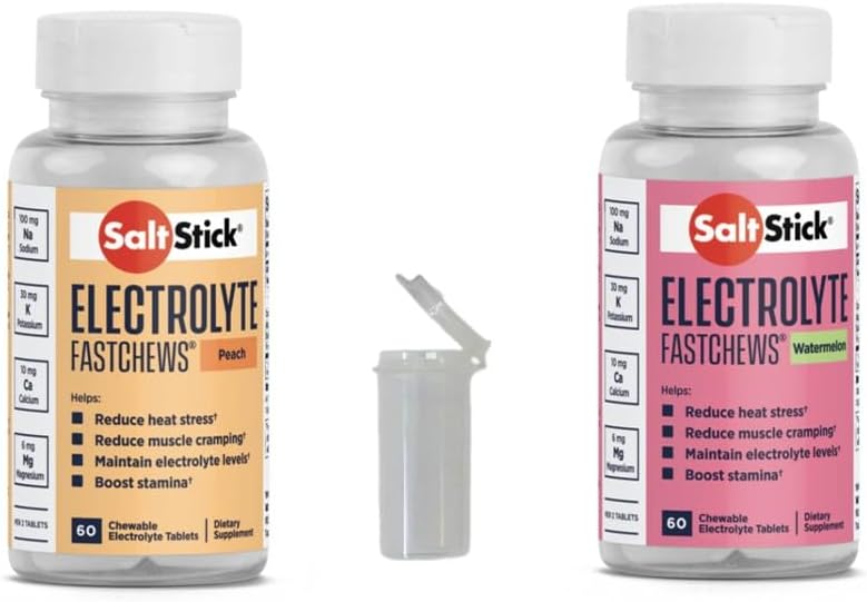 SaltStick FASTCHEWS® Variety 2-Pack - 60 μπουκάλια με Peachάκινο & Καρπούζι με τον αγώνα έτοιμο σωλήνα