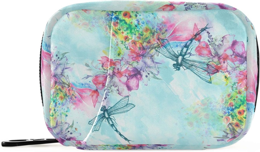 Watercolor Dragonfly Λουλούδι Χάπια Organizer περίπτωση μπλε Vintage Branch 7 Ημέρα ταξίδι κουτί χάπια με Zipper Φορητό Εβδομαδιαίο συμπλήρωμα βιταμίνης τσάντα