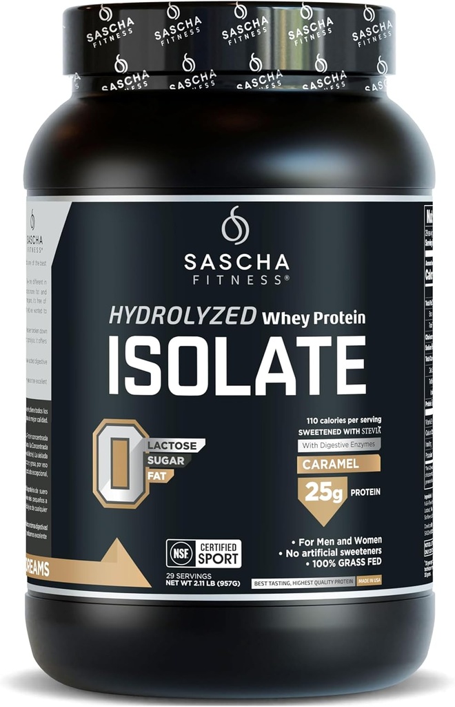 SASCHA FITNESS Hydrolyzed Whey proteini Isolate,% 100 Grass-Fed (2.11 Pounds) (Caramel Flavor)