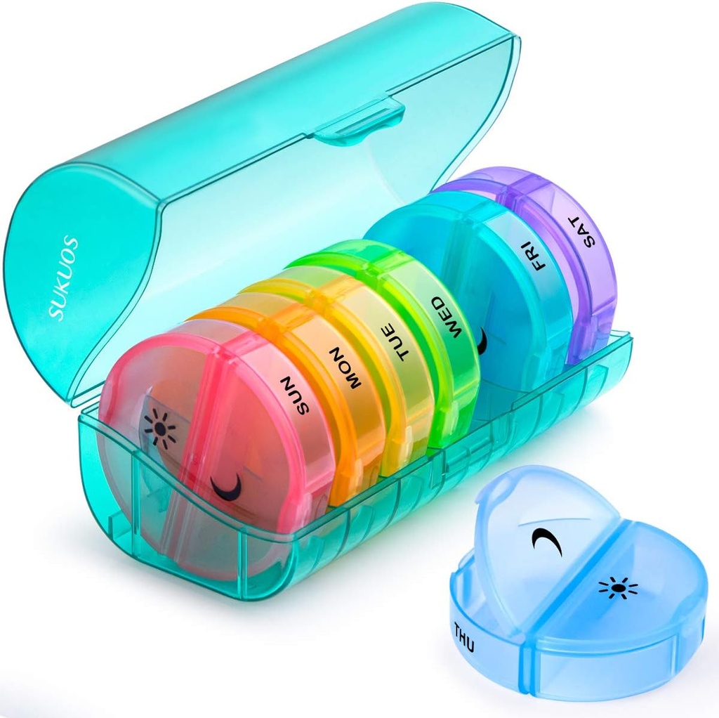 Sukuos Büyük Haftalık Pill Organizer 2 Times a Day, Daily Pill Box 7 Day Easy to Open with Double Protection, AM PM Pill Case for Medicine/Vitamin/Fish Oil /Supplements (Cyan)