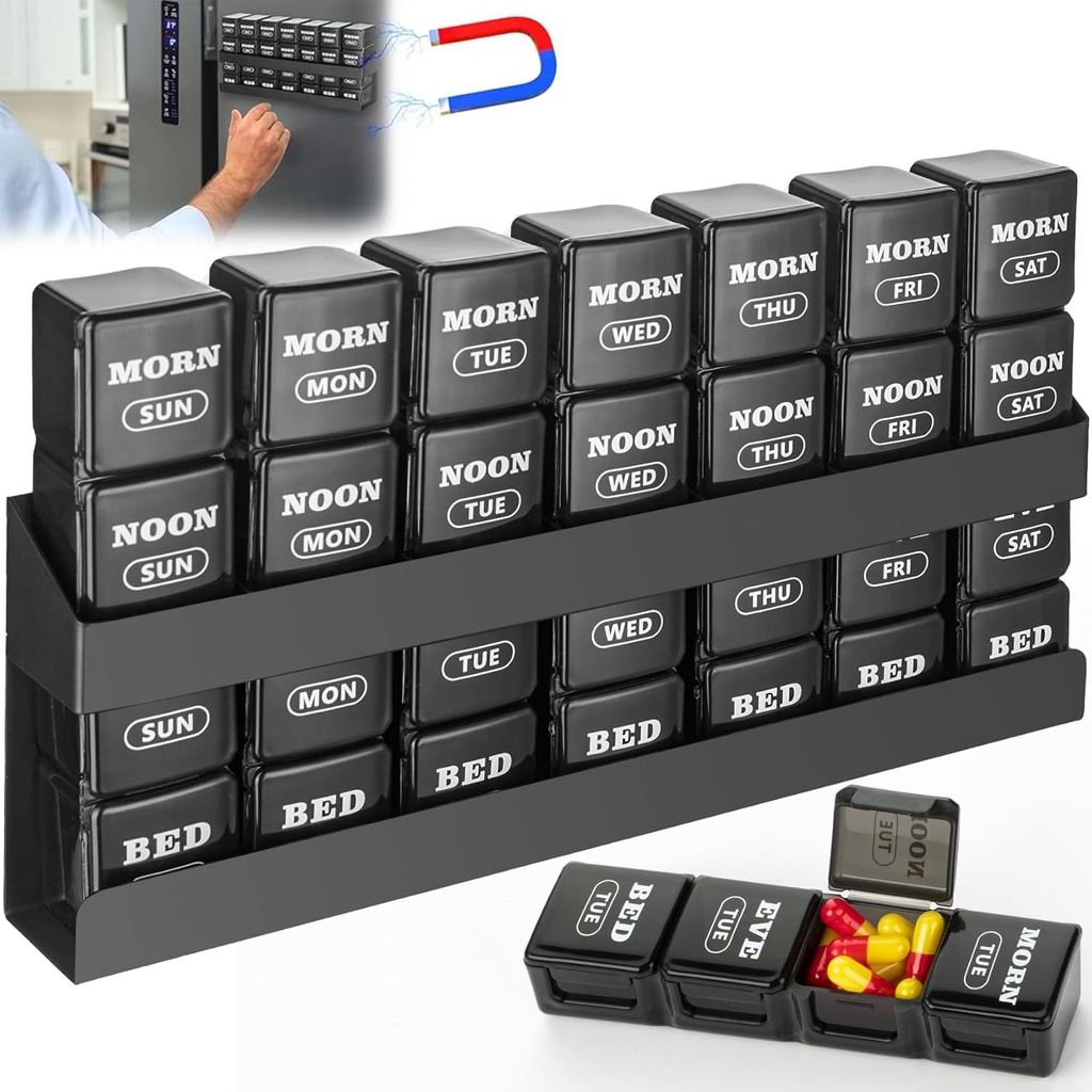 Pill Organizer 4-Times a Day: Weekly Pill Box 7 Day with Manyetik Raf - Büyük Kombinasyonlar Pill Case - Ev sahibi İlaçlar Fish Oils Vitaminek Supplement (Black) için Kombinasyon