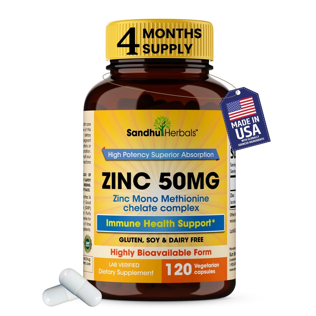 Erkekler ve Kadınlar için çinko 50 mg Capsules, 120 Kont | Immune Sistem Desteği için Yüksek derecede Absorbable Çinko Supplements | Zink 50 mg Mono Methionine Chelated Kompleks | Skin Health & General Immunity