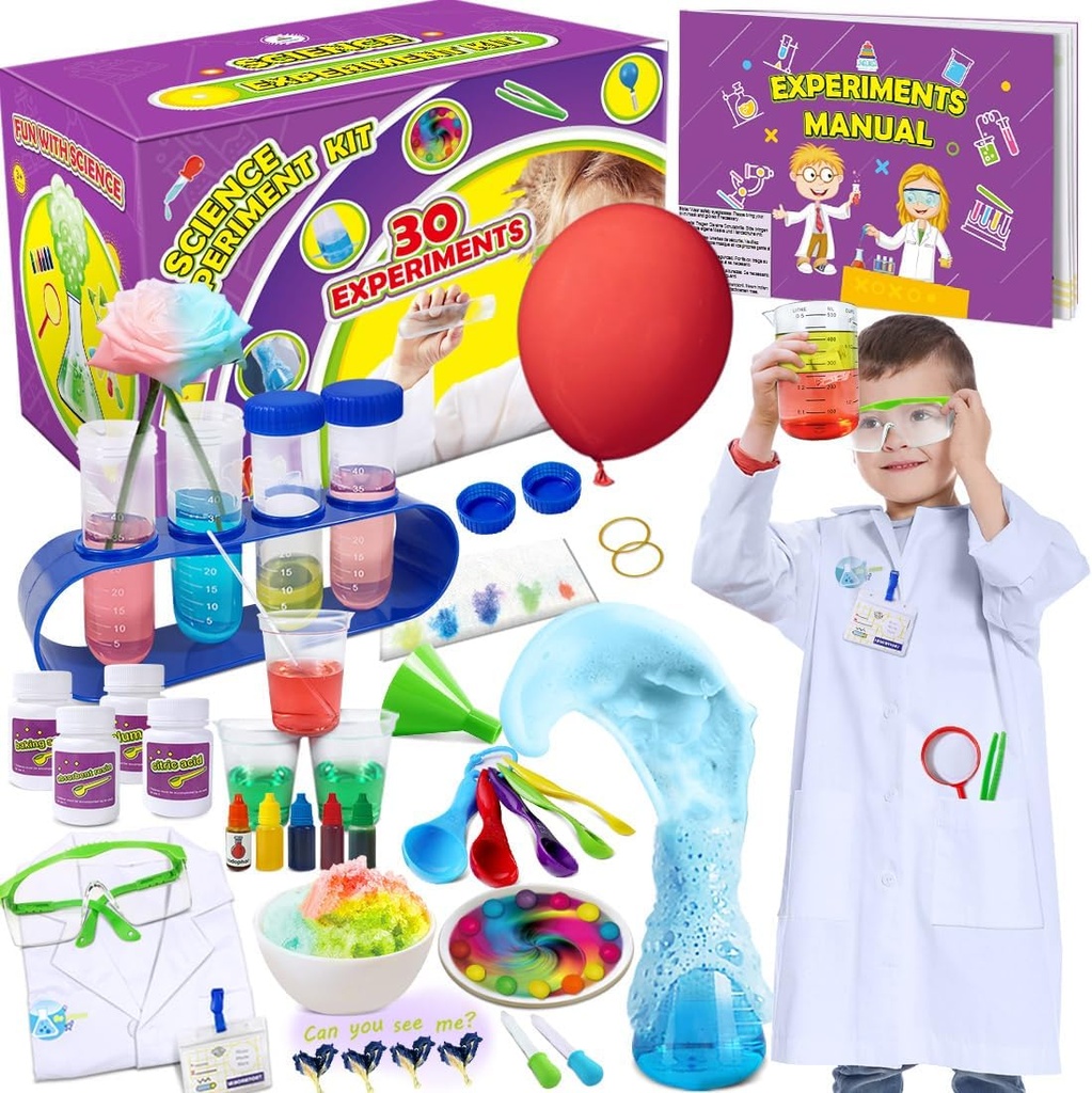 UNGLINGA 30 Deneys Science Kit for Kids with Lab Coat, Chemistry Set STEM Oyuncak Doğum Doğum Günü Hediyeleri Erkek Kızlar, Bilim Kostüm Rol Oyun Araçları Eğitim Öğrenme Setleri