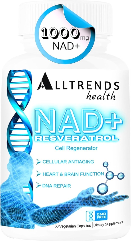 ALLTRENDS Sağlık NAD Supplement 1000 mg |Resveratrol 500 mg | TMG Tritilglycine 500 mg |Vitamins for Cell Regeneration, Heart & brain Function, DNA Tamir, Longevity, Energy & Oxidative Stress | 60Caps