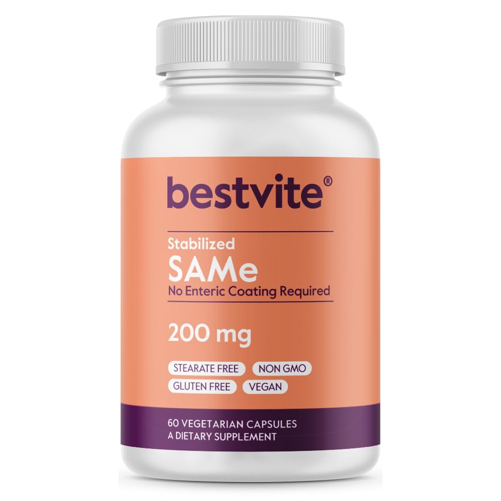 BESTVITE SAM-e 200 mg Stabilized (60 Vegetarian Capsules) - Swallow Capsule Form'a Kolay - Girik Önde Olmayan - Kristal Dioksit - No Stearates - Vegan - Non GMO - Gluten Free