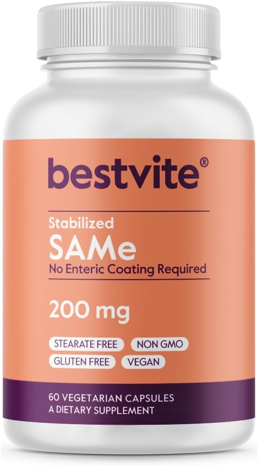 BESTVITE SAM-e 200 mg Stabilized (60 Vegetarian Capsules) - Swallow Capsule Form'a Kolay - Girik Önde Olmayan - Kristal Dioksit - No Stearates - Vegan - Non GMO - Gluten Free