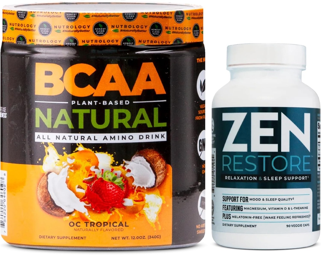 Nutrology Zen Natural Magnezyum Supplement (30 hizmet) & Nutrology BCAA Natural, Plant Based BCAA Toz, Orange Coconut Flavor (30 hizmet)