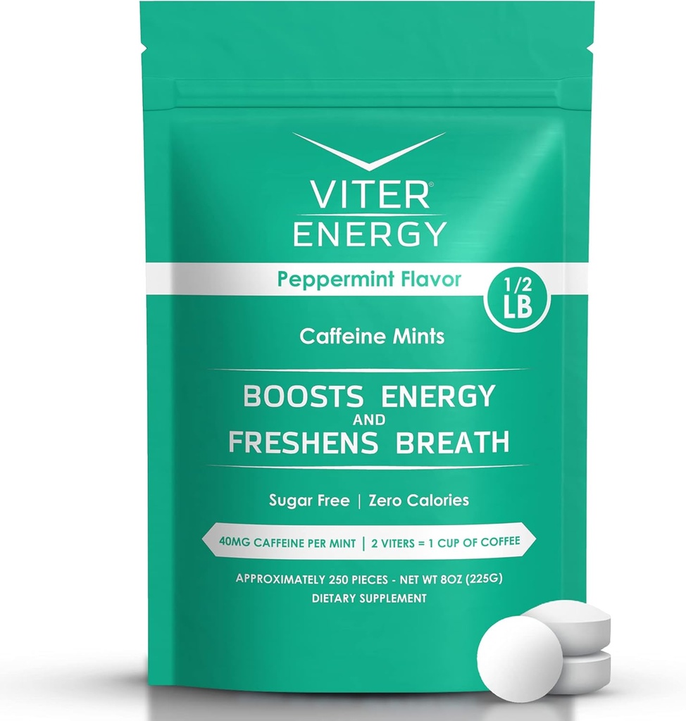 Viter Energy Caffeinated Mints 40 mg Caffeine, B Vitamins, Sugar Free. (Peppermint, 8oz, Bulk Bag)