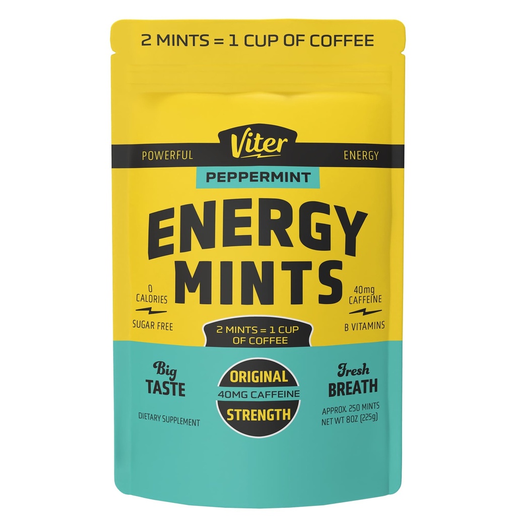 Viter Energy Caffeinated Mints 40 mg Caffeine, B Vitamins, Sugar Free. (Peppermint, 8oz, Bulk Bag)