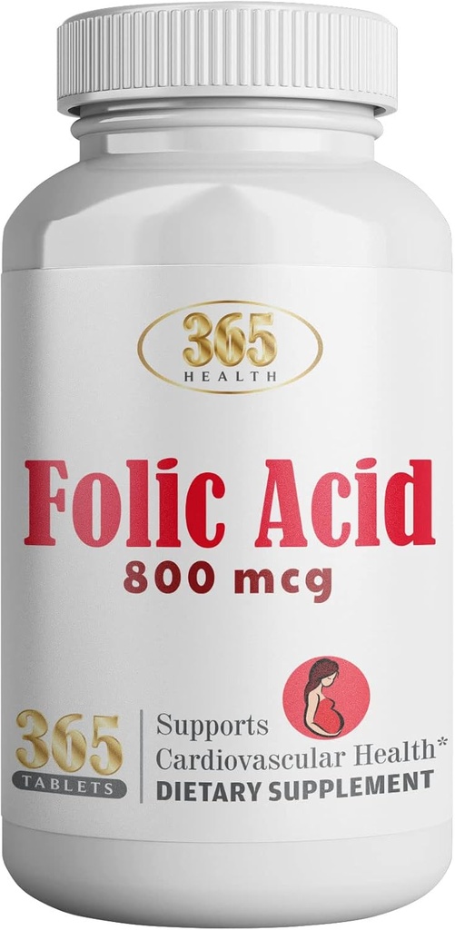 365 Υγεία Φολικό οξύ 800mcg (0, 8mg) Βιταμίνη Β9-365 Δισκία I Υποστηρίζει Καρδιαγγειακή, Απαραίτητη Προγεννητική & Μεταγεννητική Βιταμίνη, Μη ΓΤΟ και Vegan