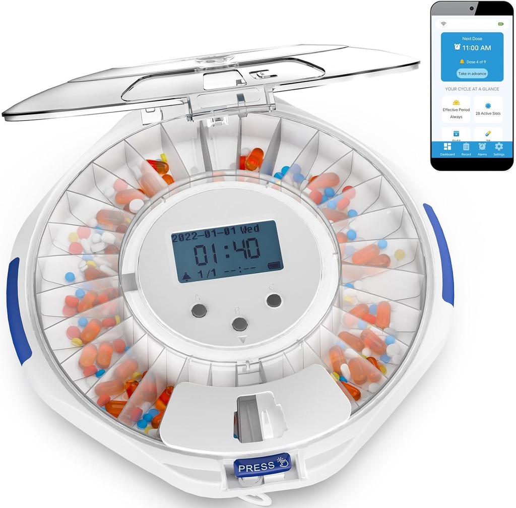 Adamson TimelyMed Smart Pill Dispenser with Alarm - Wi-Fi App Monitoring - 28-Day Medicine Dispenser for Hλικιωμένοι & Alzheimer's Care - Αυτόματη με Κλείδωμα Κλειδί - Νέα Έκδοση