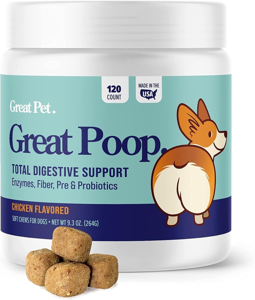 Great Poop Probiotics for Dogs - Fiber for Dogs Supplement with Dog Probiotics and Digestive Enzymes for a Healthy Gut, Firm Stool & Diarrhea Relief - Κοτόπουλο Γεύση Κατοικίδια Μαλακά Μάσημα με Προβιοτικά