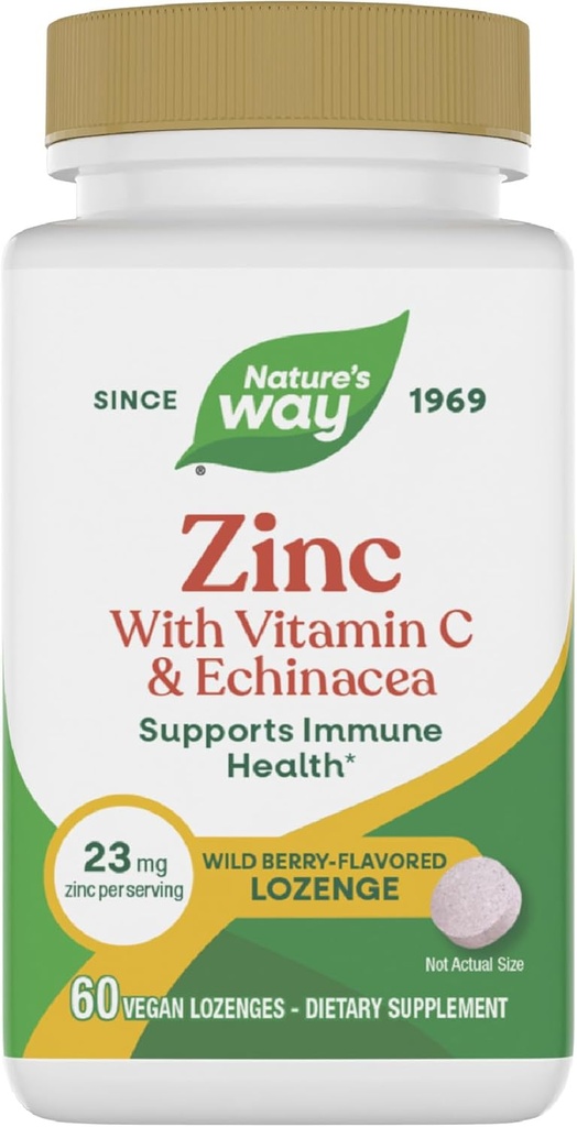 Nature's Way Çinko Lozenges with Vitamin C & Echinacea, çinko Supplements for Men and Women, Immune Support*, Wild Berry Flavor, 60 Lozenges (Pazar Mayıs Vary)