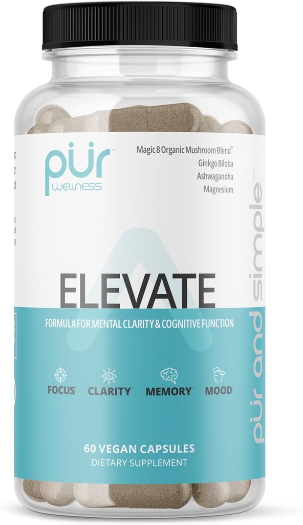 PUR Wellness Elevate Nootropic Brain Supplement for Focus Clarity Memory Mood, 8 Mushroom Mix, Ginkgo Biloba, Ashwagandha, Natural Energy için Magnezyum, Caffeine-Free for Concentration