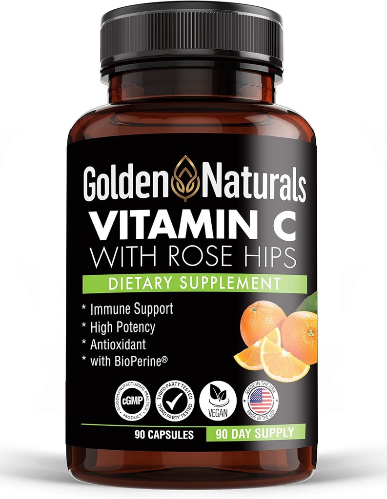 Tüm Doğal Gül HIPS ile Altın Doğal Vitamin C, 1000 mg, Immune Boosting Support and Powerful Antioksi, BioPerine ile Yüksek Apsiyon, Cilt Sağlığını Geliştirin, 90 Capsules