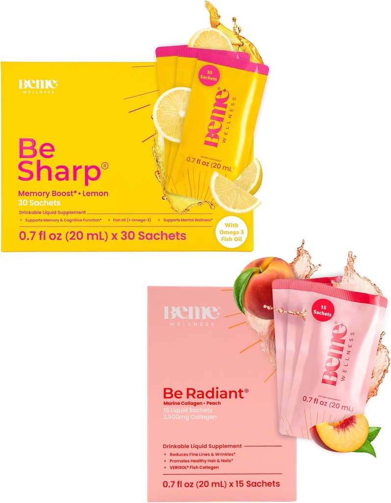 BeMe BeSharp & BeRadiant Ροδάκινο Bundle - Υγρό Ωμέγα-3 & Υγρό Collagen Συμπληρώματα ποτών