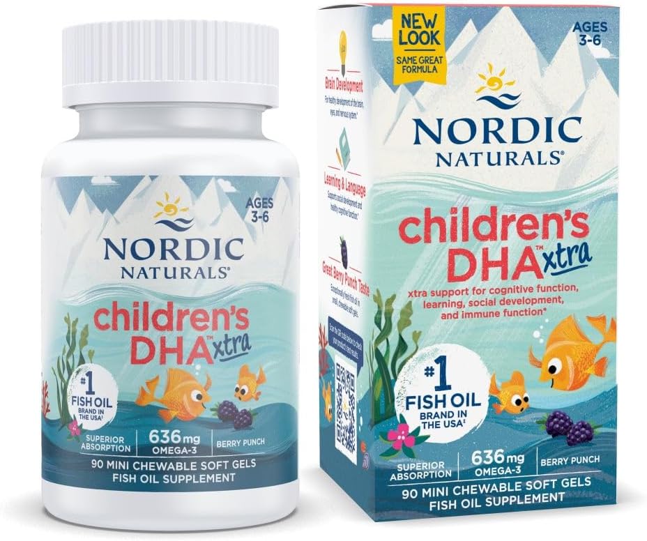 Nordic Naturals Children's DHA Xtra, Berry Punch - 90 Mini Chewable Soft Gels for Kids - 636 mg Omega-3s EPA & DHA - Bilişsel & Immune Function, Learning, Social Development - Non-GMO - 30 Servisler
