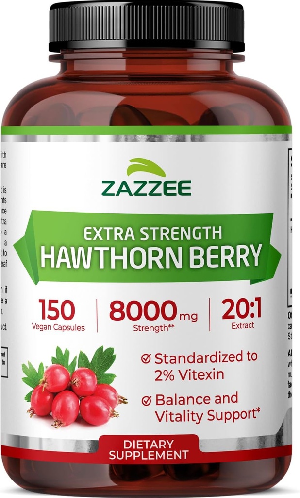 Zazzee Ekstra Güçlü Hawthorn 20:1 Ekstraksiyon, 8000 mg Güçlü,% Vitexin, 150 Vegan Capsules, 5 Ay Supply, Interd ve Standardized Potent 20X Ekstraksiyon, Non-GMO ve All-Do-Doğal