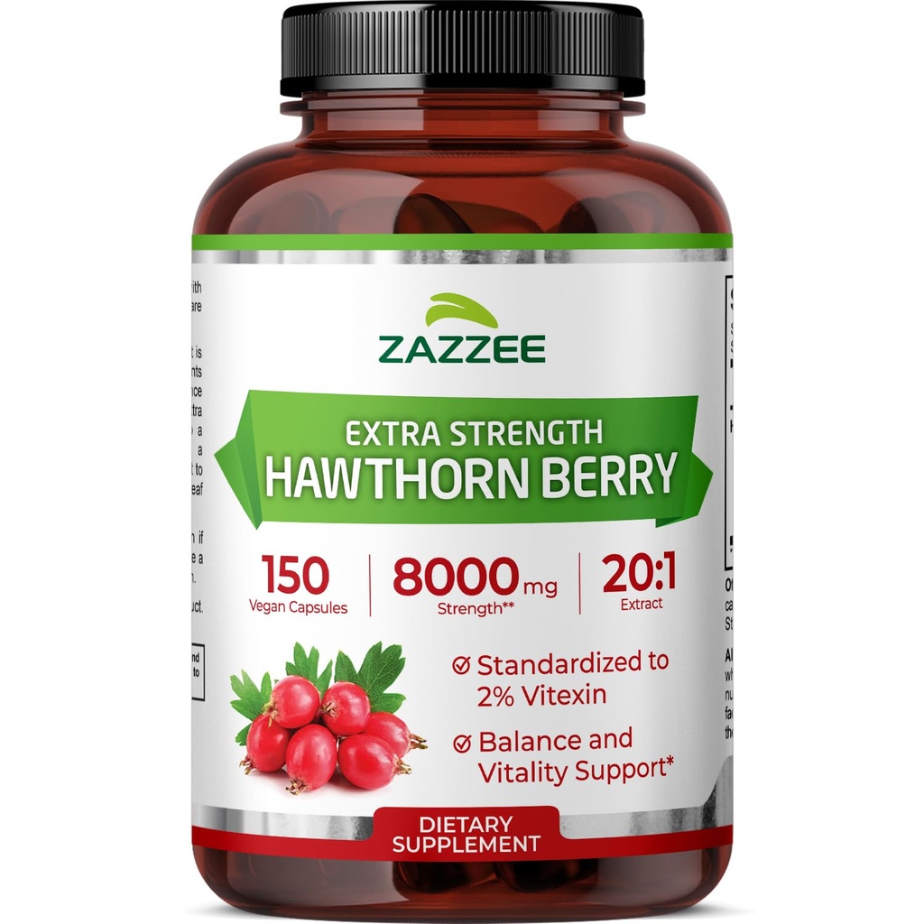 Zazzee Ekstra Güçlü Hawthorn 20:1 Ekstraksiyon, 8000 mg Güçlü,% Vitexin, 150 Vegan Capsules, 5 Ay Supply, Interd ve Standardized Potent 20X Ekstraksiyon, Non-GMO ve All-Do-Doğal