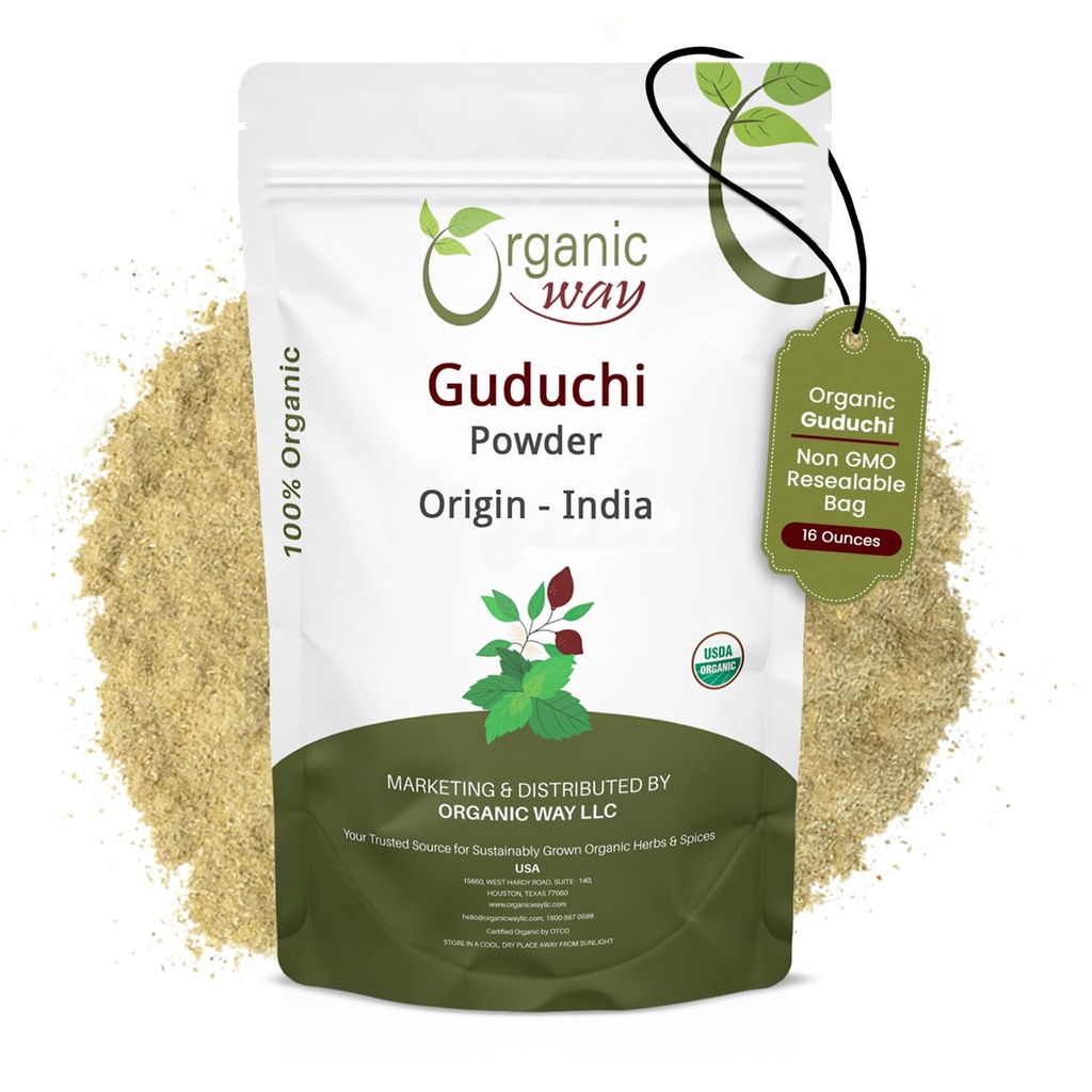 Organik Way Premium Grade Guduchi Toz (Tinospora kordonifolia) - Organik & Kosher sertifikalı | Raw, Vegan, GMO & Gluten Free | USDA sertifikalı | Origin - India (1LBS / 16Oz)