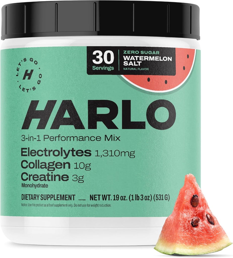 Harlo - Watermelon Salt Electrolyte Drink Mix w/Bovine Collagen & Kretine - Kreatif Toz - Pre Workout Toz - Sugar Free Energy Drinks - Post Workout Recovery