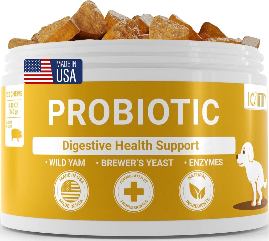 Köpekler için Probiyotikler - Gut & Digestive Health, Immune Support - All Nautral Prebiyotiks, Fiber, Enzymes for Gut Flora - Diarrhea & Bowel Support - Bacon Flavor, 120 Chews, by Lollitin