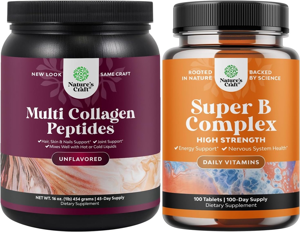 Δέσμη από Multi Collagen Protein Powder για γυναίκες και άνδρες - δέρμα μαλλιών και νύχια Βιταμίνες και βιταμίνη Β Complex Adult Multivitamin for Immune Support Mood Boost and Memory Supplement for Brain Support