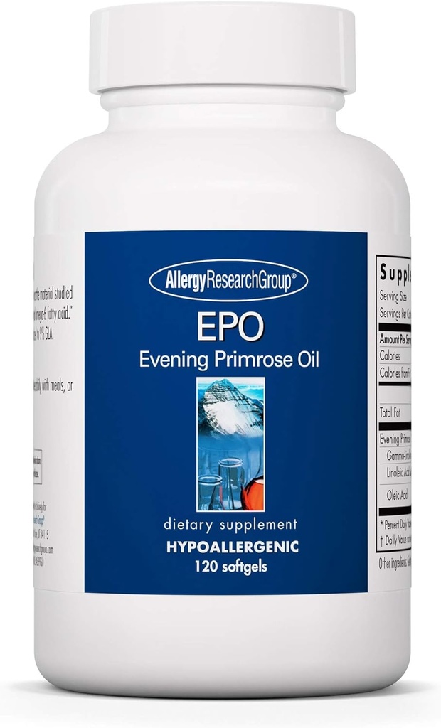 Allergy Research Group EPO - Evening Primrose Oil for Men & Women, for Dry Eyes, Omega-6, GLA Gamma-Linolenic Acid, 500mg Supplement - 120 Count