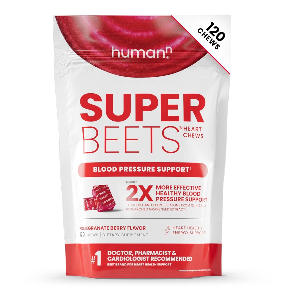 HumanN SuperBeets Heart Chews, Nitrik Çimento ve Kan Basınç Desteği, Grape Seed Extract & Non-GMO Beet Root Toz Enerji, Pomegranate Berry Flavor, 120 Count Count Count