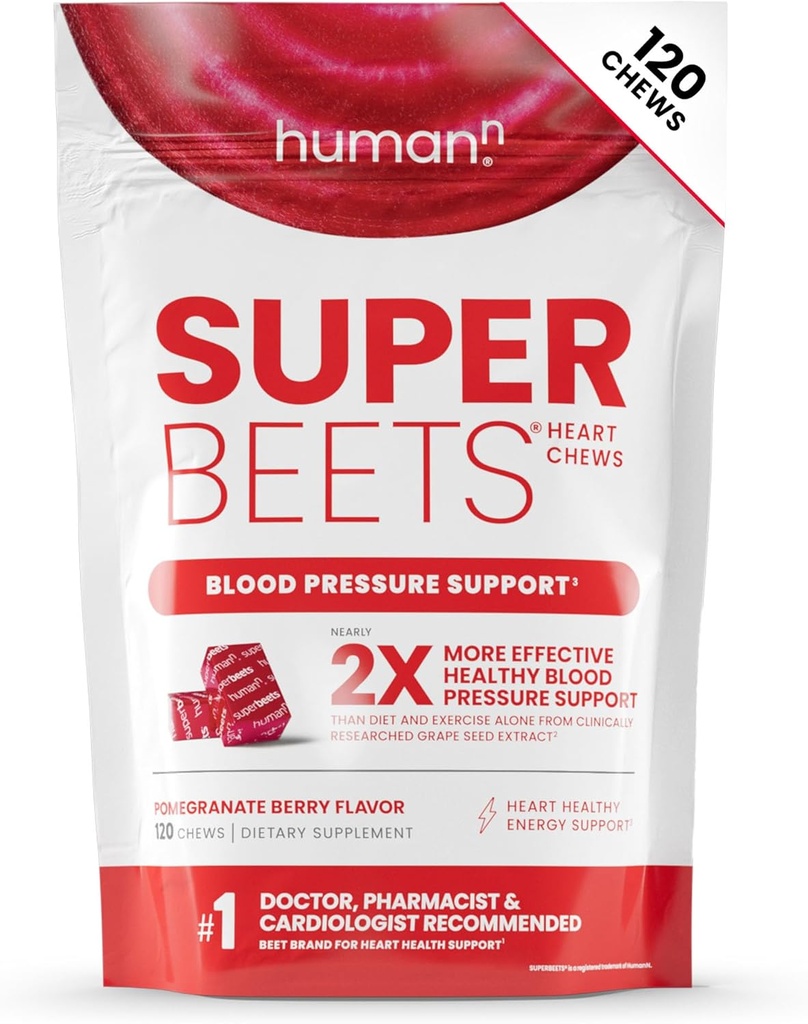 HumanN SuperBeets Heart Chews, Nitrik Çimento ve Kan Basınç Desteği, Grape Seed Extract & Non-GMO Beet Root Toz Enerji, Pomegranate Berry Flavor, 120 Count Count Count