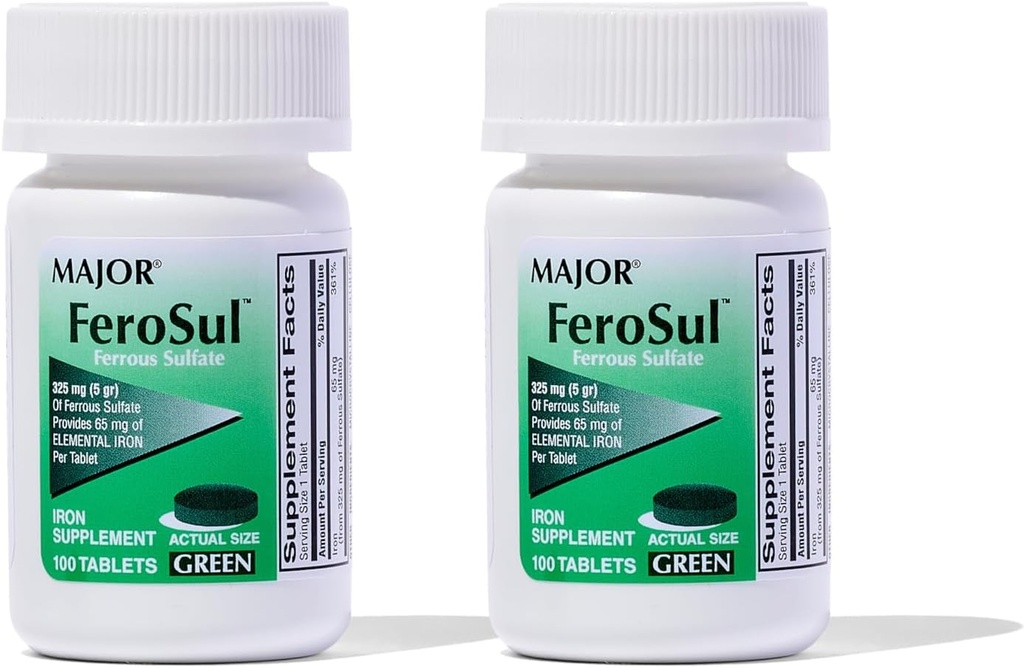 Büyük Ferosul - Ferrous Sulfate 325 mg Tabletleri 65 mg of Elemental Iron - Kadınlar için Demir Supplement, Erkekler - Yeşil - 100 Kont (2 Paket)