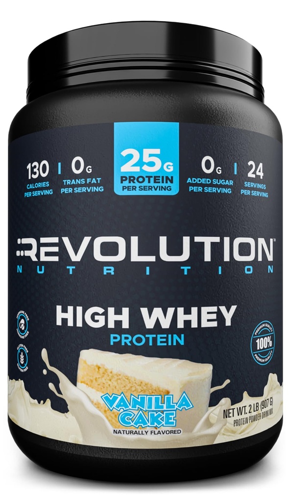 Revolution Nutrition, High Whey, Protein Powder 2LB, Gluten Free, Lean Muscle Mass for Men & Women, 25g of Protein Per Scoop, 907 g, 24 Servings (Vanilla Cake, 2 Pound)