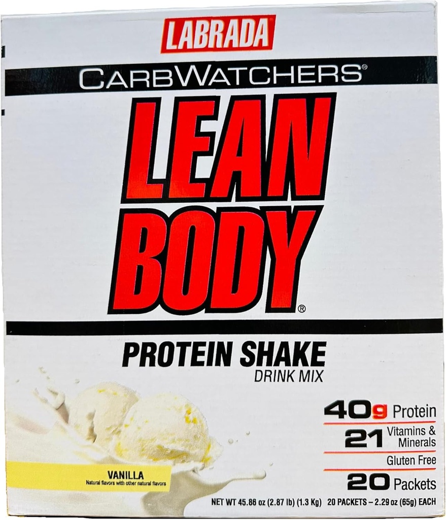 Παρατηρητές υδατανθράκων σώματος Lean, All-in-One Vanilla Meal Replacement Shake. 40g Πρωτεΐνη Whey Blend, 8g Υγιή λίπη & Ίνες, 22 βιταμίνες και ορυκτά, Δεν τεχνητά χρώματα, Χωρίς γλουτένη, (20 πακέτα)