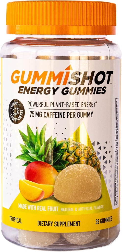GummiShot Ενέργεια Gummies, 2475mg των φυτών με βάση τις μασέλες καφεΐνης ανά φιάλη, Long Lasting Energy Boosters, Tropical (33ct)