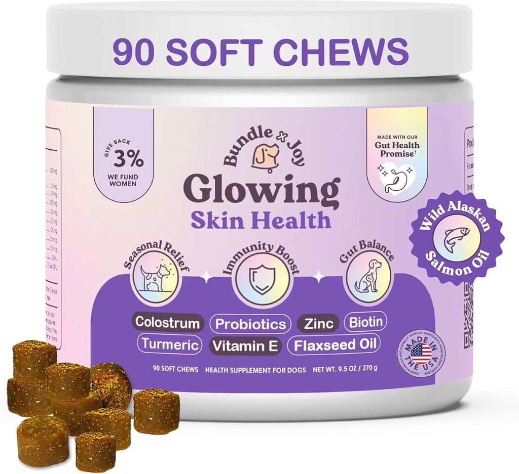 PR x Joy Glowing Skin ve Köpekler için Öner, 90 Soft Chews, Colostrum ile Köpekler için Probiyotikler, Omega 3 Fatty Asits, Salmon Oil ve Turmeric, Supports Season Allergies & Itchiness
