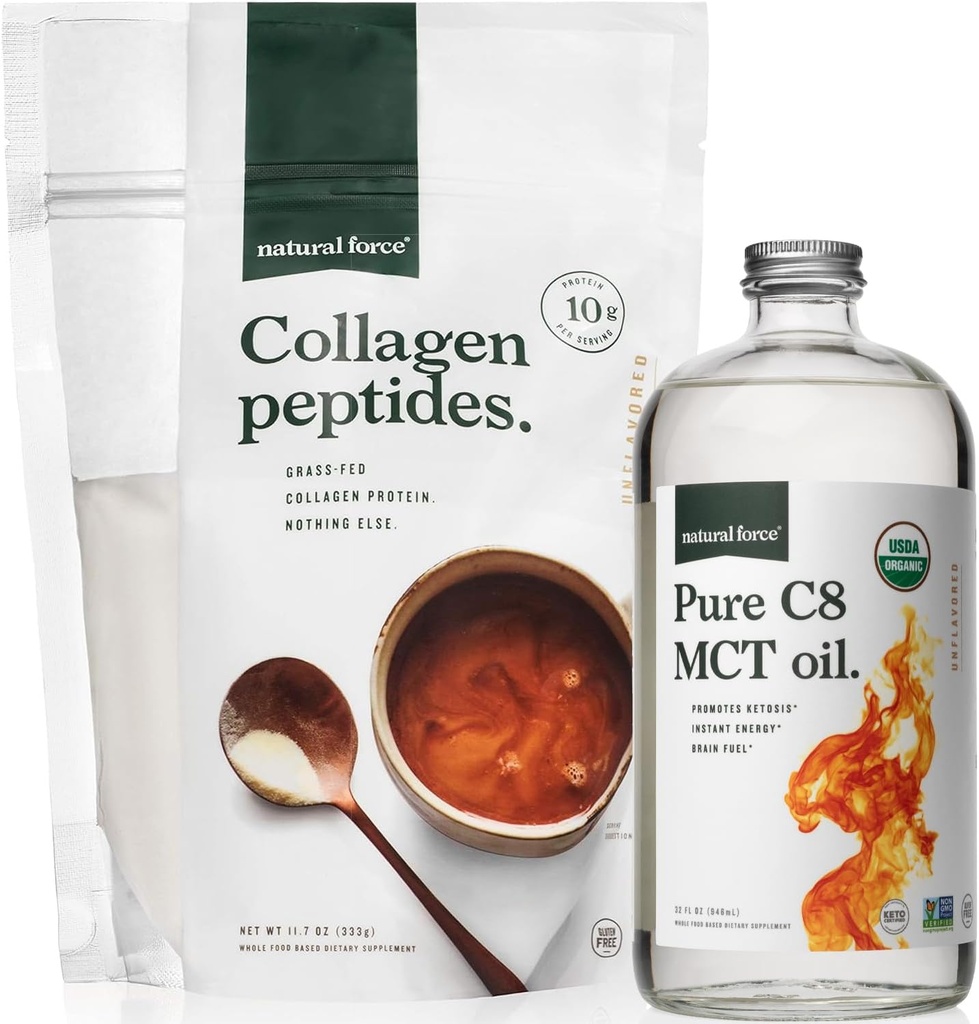 Doğal Kuvvet Organik MCT Petrol + Grass Fed Collagen, Sche – Organik, GMO,% 100 Pure Coconut MCTs & Hydrolyzed Type I ve III Collagen Protein - 16 Ounce Şişe ve 11.7 Ounce Bag