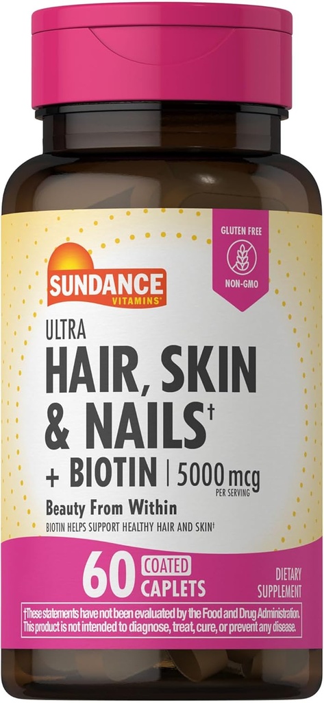 Sundance Hair, Skin & Nails Vitamins | 5000mcg | 60 Coated Caplets | with Biotin and Collagen | Non-GMO & Gluten Free Supplement